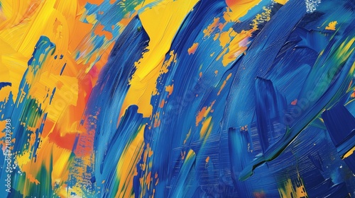 Abstract paint brush stroke background, blue and yellow colors, thick brush texture 