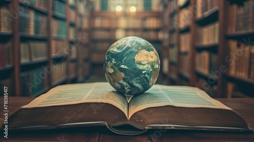 Big data Education learning concept with opening book or textbook in old library,Earth globe lying on an open book against the background,E-Learning concept 