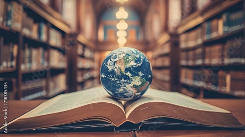 Big data Education learning concept with opening book or textbook in old library,Earth globe lying on an open book against the background,E-Learning concept 