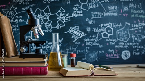 Education concept - books, microscope and Science sketch on the blackboard 
