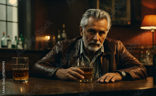 A sad older man at bar table with a glass of brandy in hand. The older man is drunk and thinking about his life.