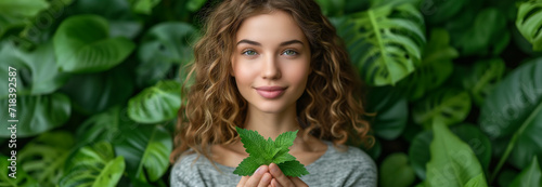 Header with graceful herbal girl holding a bouquet of green herb in a peaceful natural setting. Ecological concept of care; banner on respect for the environment. Biodiversity Protection for Earth Day