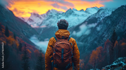 A picture of a person where his face is lit by the warm light of dawn, and the mountains against t
