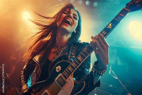woman playing a rock guitar with enthusiasm expert skill generative ai