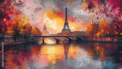 Watercolor sunset in Paris landscape