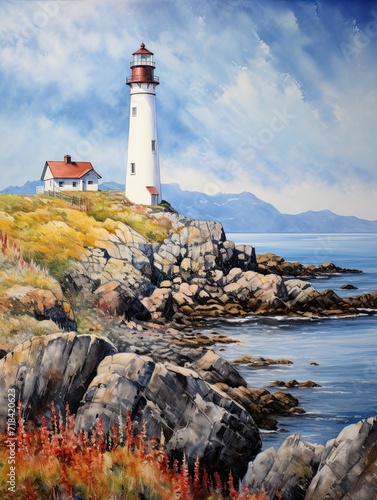 Coastal New England Lighthouses: Majestic Mountain Landscape Lighthouse Art