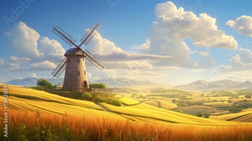 A classic windmill standing tall in a golden wheat field blending rural simplicity with agricultural charm AI generated