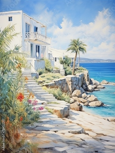 Greek Isle Whitewashed Villas Riverside Painting: Stunning Villas by Island Streams