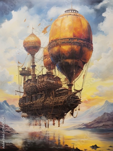 Mystical Steampunk Airship Adventures: Abstract Landscape with Artistic Airship Portrayal