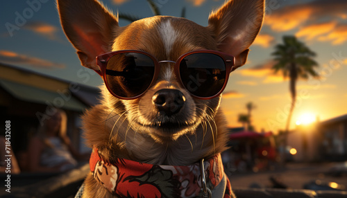 Cute puppy wearing sunglasses enjoys summer outdoors, looking at camera generated by AI