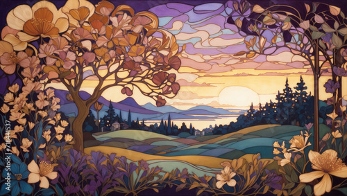 An Art Nouveau inspired landscape at dusk The scene is lush