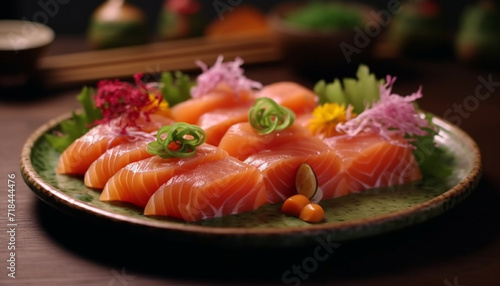 Freshness of seafood on a plate, close up slice of sashimi generated by AI