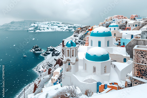 Winter Wonderland in Santorini , Snow-Covered Whitewashed Buildings Against Azure Sea