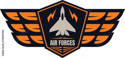 Military emblem with jet and wings on a shield. Air Force badge design with orange accents, lightning bolts. Bold, masculine air force logo vector illustration.
