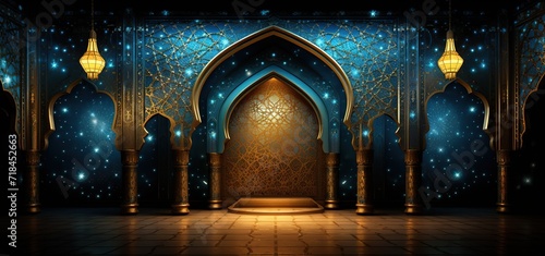 A blue room with luxurious gold carvings. generative AI