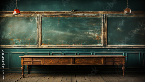 Empty classroom with old wooden desk and blackboard for education generated by AI