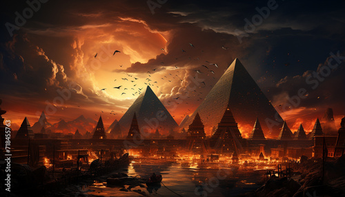 The ancient cityscape reflects spirituality and history in the twilight generated by AI