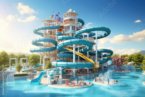 Vibrant Waterpark with Spiraling Slides and Playful Pools