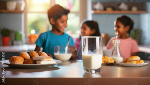 Cute little children having breakfast in kitchen at home, focus on milk