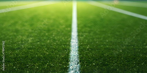 Green field in soccer stadium, White line on a soccer field grass, Aerial closeup of the penalty spot in an empty soccer field where penalties are taken,