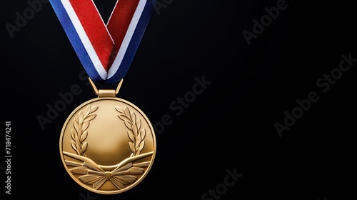 A gold medal with blue, white, and red ribbons in the photo on a black background. generative AI