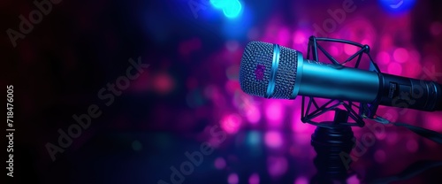 A microphone is photographed against a background of twinkling purple and pink lights