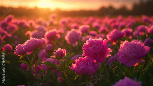 Beautiful view of a field of wild peonies at sunset