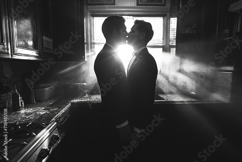 A happy, gay couple kisses on Valentine's Day.