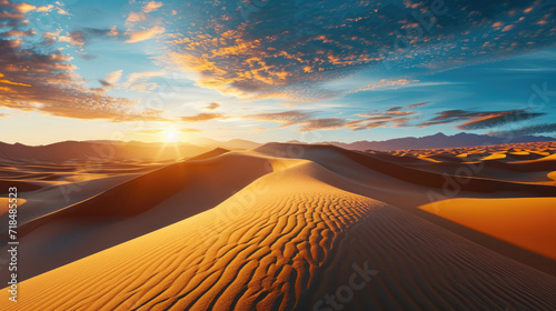 Stunning panorama of vast desert landscape with warm light of sunrise
