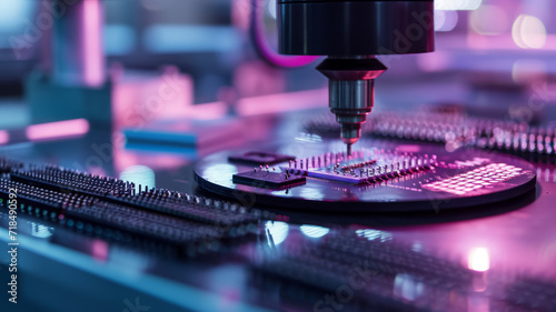 A machine extracts silicon dies from a wafer for computer chip manufacturing, showcasing the semiconductor packaging process.