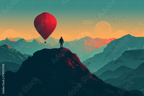 Person standing on cliff with hot air balloon in background