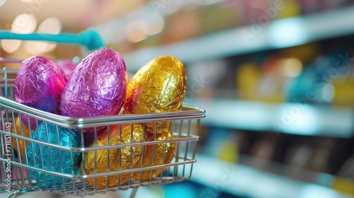 Different colour easter egg in a shopping cart in a shopping moll