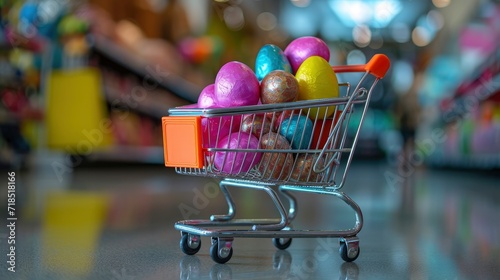 Different colour easter egg in a shopping cart in a shopping moll