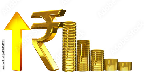 Golden Indian rupee sign and Indian currency coin isolated on 3d render. bearish and bullish golden arrow stock market background. 