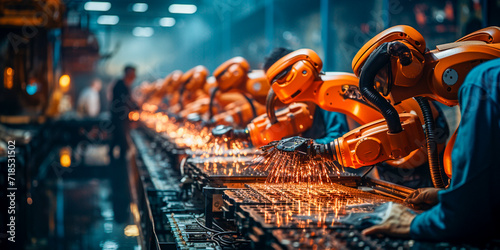 Factory workers operate robots on an assembly line. People control and manage the production process. Combining human expertise with robotic efficiency improves productivity.