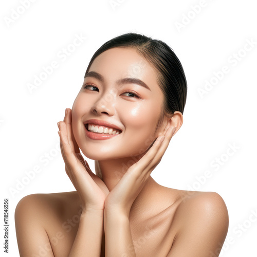 Beautiful beauty asian young woman posing with makeup style with touch her face and perfect skin, Facial treatment, Cosmetology, plastic surgery, isolated on white background, png