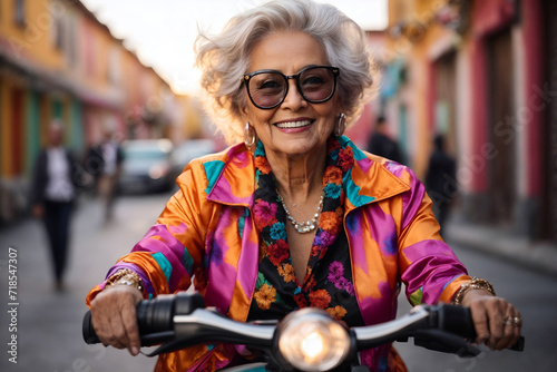 Portrait of happy, smiling senior, elderly woman driving bike, fashionable, extravagant pensioner in sunglasses. Freedom, active lifestyle, longevity concept. 