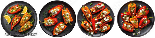 Stuffed pointed peppers with goat cheese on a plate, top view