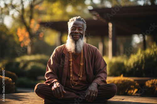 African-American senior grey-haired man practicing breathing yoga pranayama in nature. Unity connection with yourself, meditating for inner peace zen balance, stable mental health wellness concept