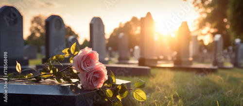 Tender Pink Roses on Cemetery Headstone at Sunrise, Eternal Memory and Grieving Concept