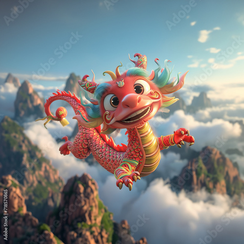 Mignon dradon rouge et or du Nouvel an chinois ou fête du Têt au Vietnam qui survole la baie d'Halong. Personnage de dessin animé rendu 3D 
