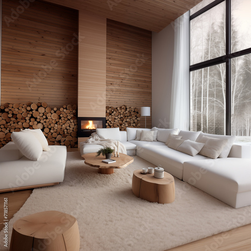 intérieur d'une maison scandinave en bois ultra moderne avec une cheminée une grande baie vitrée donnée sur la forêt mobilier en bois avec sofa blanc et tapis