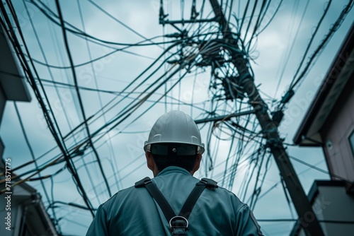worker is facing away from the camera and looking up at an intricate network of tangled electrical cables
