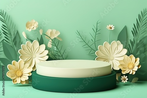 Round display podium mockup, paper cut spring flowers and leaves, vector illustration. Spring floral background, pedestal, stage for beauty and cosmetic product ads. Generative Ai