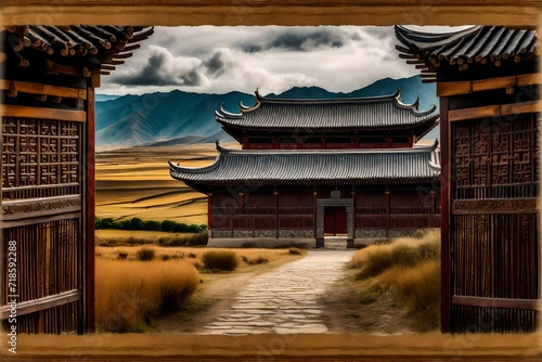 A contemplative mood captured by a wooden gate, weathered by time, framing the expansive beauty of a ranch with Ganden Sumtseling Monastery as its backdrop in Shangri-la, Yunnan