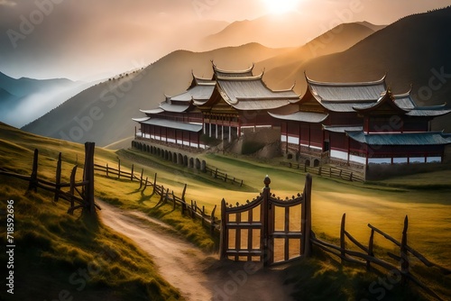 A contemplative mood captured by a wooden gate, weathered by time, framing the expansive beauty of a ranch with Ganden Sumtseling Monastery as its backdrop in Shangri-la, Yunnan