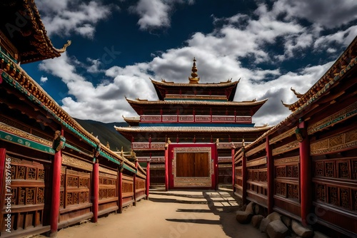 An authentic scene featuring a wooden gate adorned with intricate carvings, standing proudly over a ranch overlooking Ganden Sumtseling Monastery in Shangri-la, Yunnan
