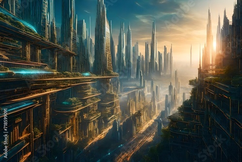 A thought-provoking choice-variation scenario on a futuristic city skyline, where hovering pathways split in different directions, one leading to a utopian city bathed in sunlight