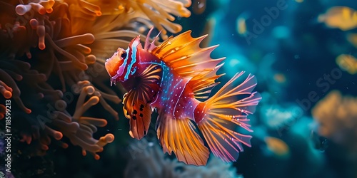 Vibrant betta fish swimming in a coral reef environment. exotic aquarium life captured in high-definition. colorful marine scene. AI