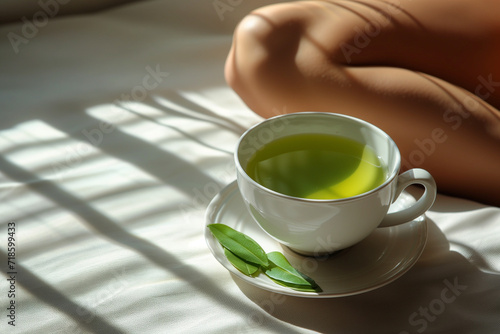 Bol de thé vert de luxe dans un bol en émail vert et crème à côté d'une femme assise, boisson détox et régénérante, vertus thérapeutiques du thé vert et du matcha